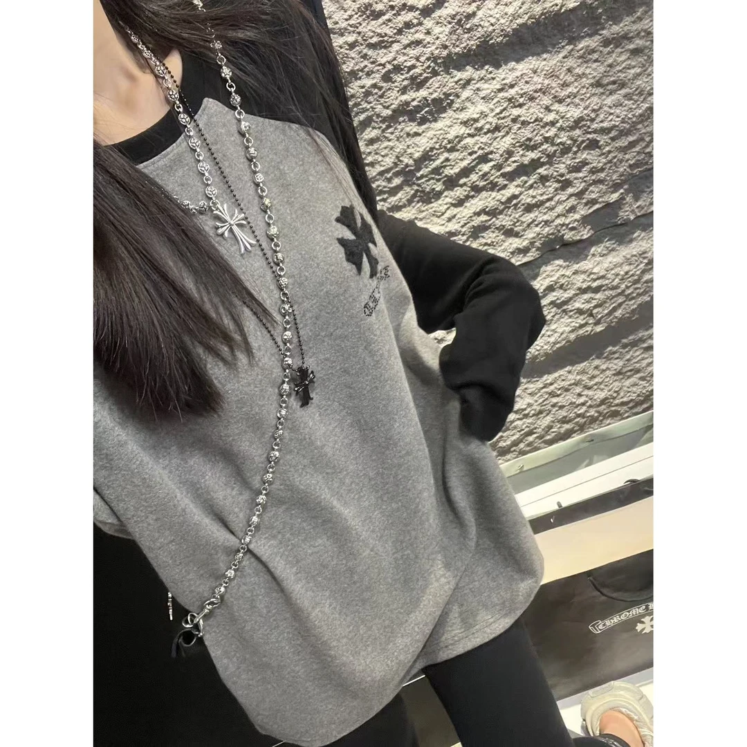 【杨娇娇COCO】2025年秋冬新款羊绒T梵文绣花烫钻拼色长袖T恤插肩