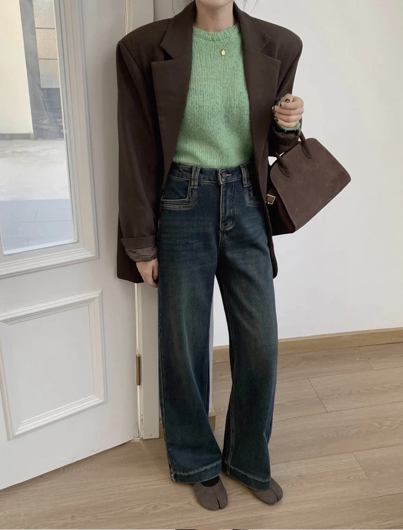 6212新款韩版蓝色复古阔腿牛仔裤女秋冬季水洗直筒拖地长裤