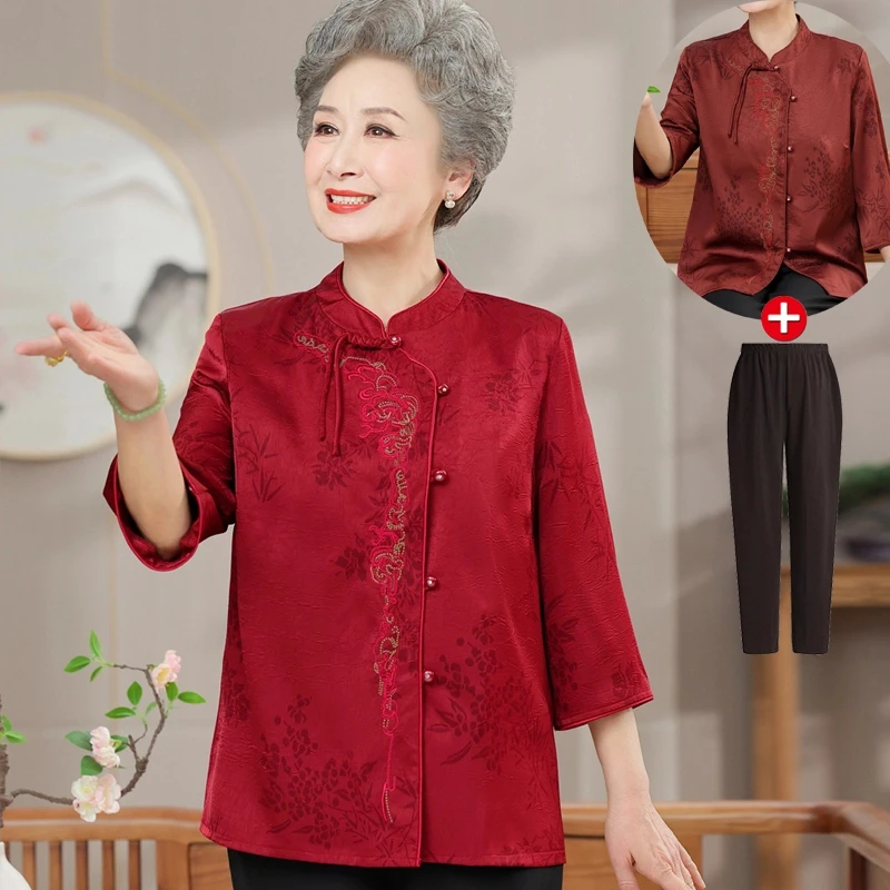 老年人夏装女新中式奶奶衬衫薄喜婆婆婚礼喜庆妈妈国风高档上衣服