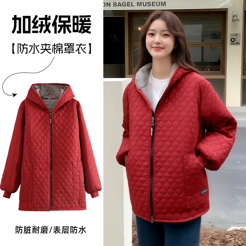 秋冬加绒保暖罩衣成人工作服上班围裙厨房家用短款保暖可外穿女士