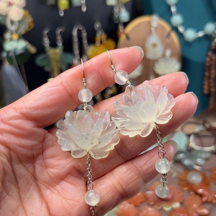 蛇纹石玉银S925镶嵌耳饰