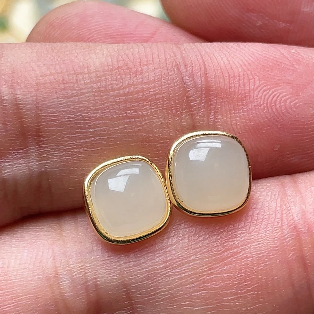 和田玉耳钉银S925镶嵌