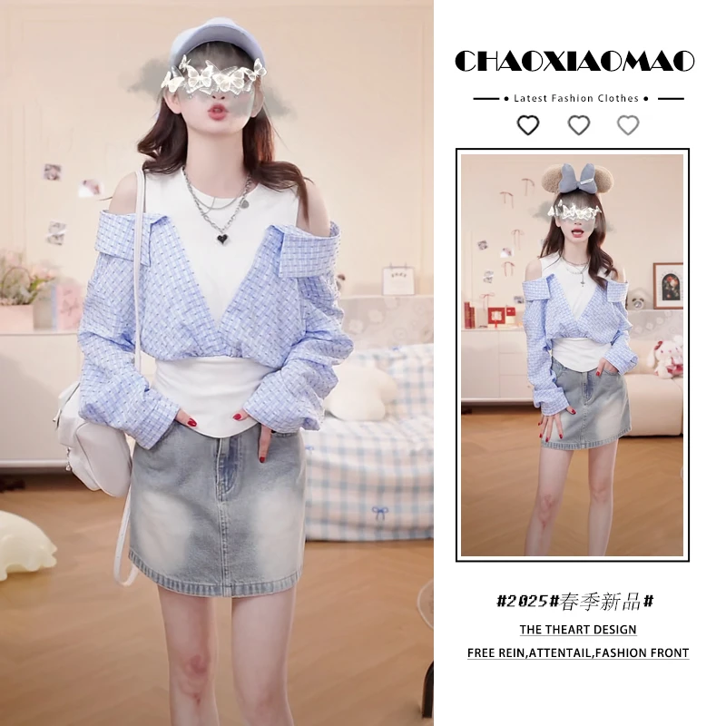 2025春季套装裙装一整套女设计感纯欲风假两件衬衫半身短裙两件套