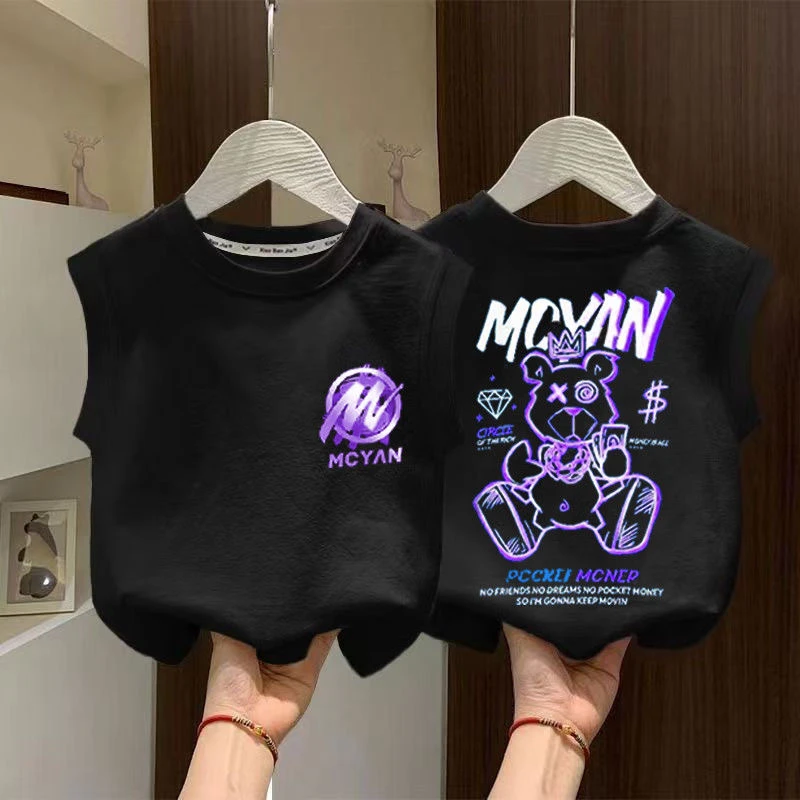 2025爆款美式字母印花T恤儿童夏日薄款小背心男童帅气薄款上衣潮t