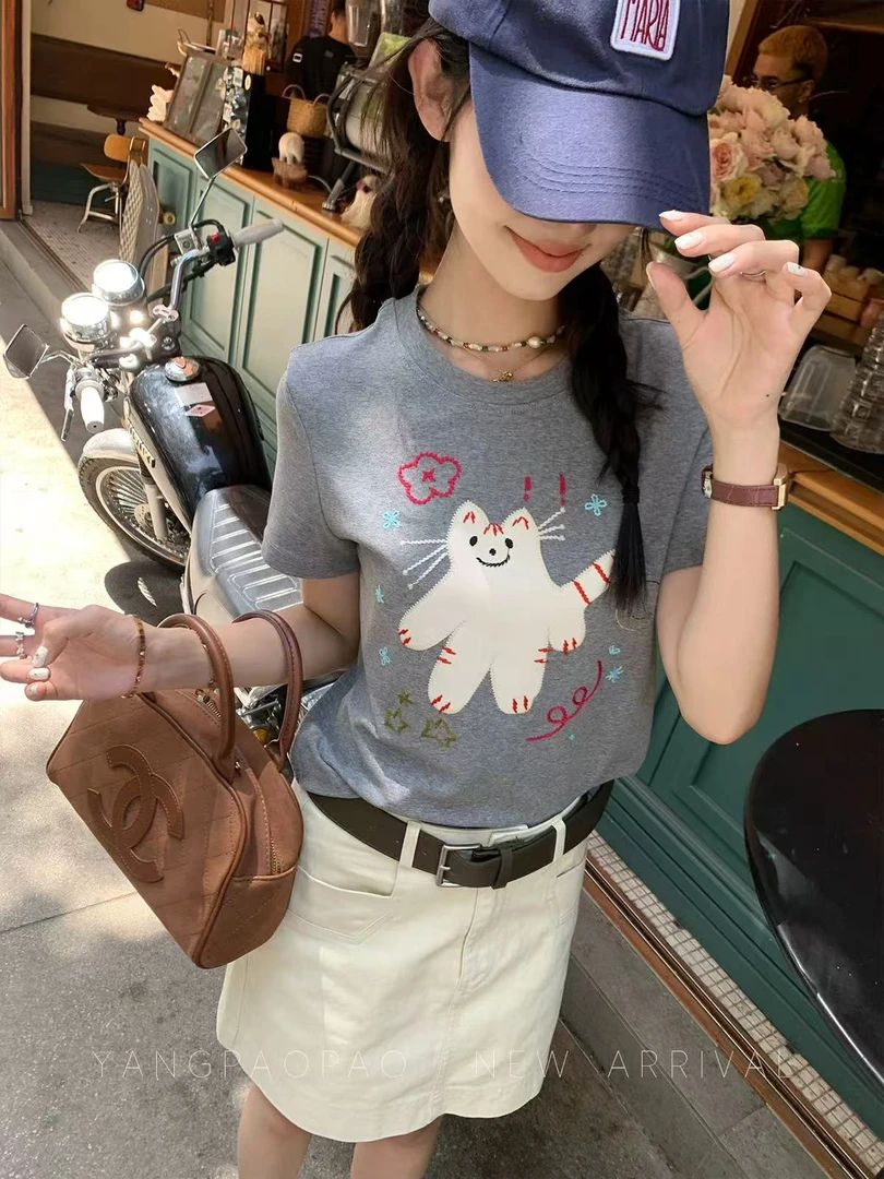 MS@6092 韩系可爱卡通小猫刺绣短袖T 7-6
