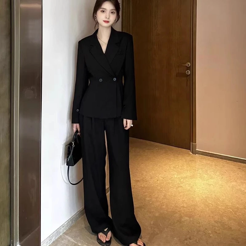 大码干练气质高端黑色西装职业套装女胖mm设计感西服阔腿裤两件套