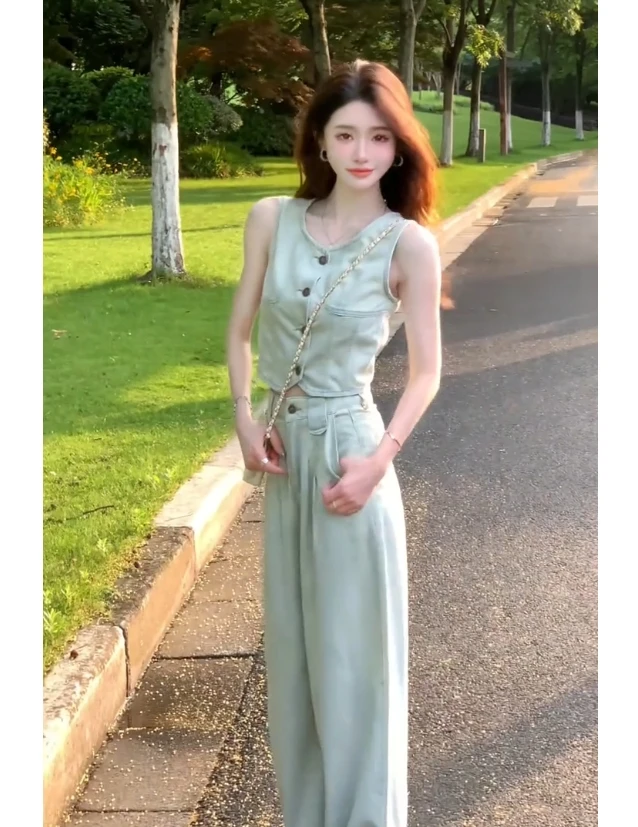 2025夏季新款时尚套装气质显瘦洋气休闲百搭无袖背心上衣宽松长裤