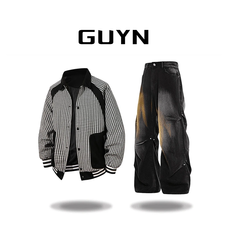 【品牌现货】GUYN秋冬季小香风夹克外套男士千鸟格纽扣美式撞色男装