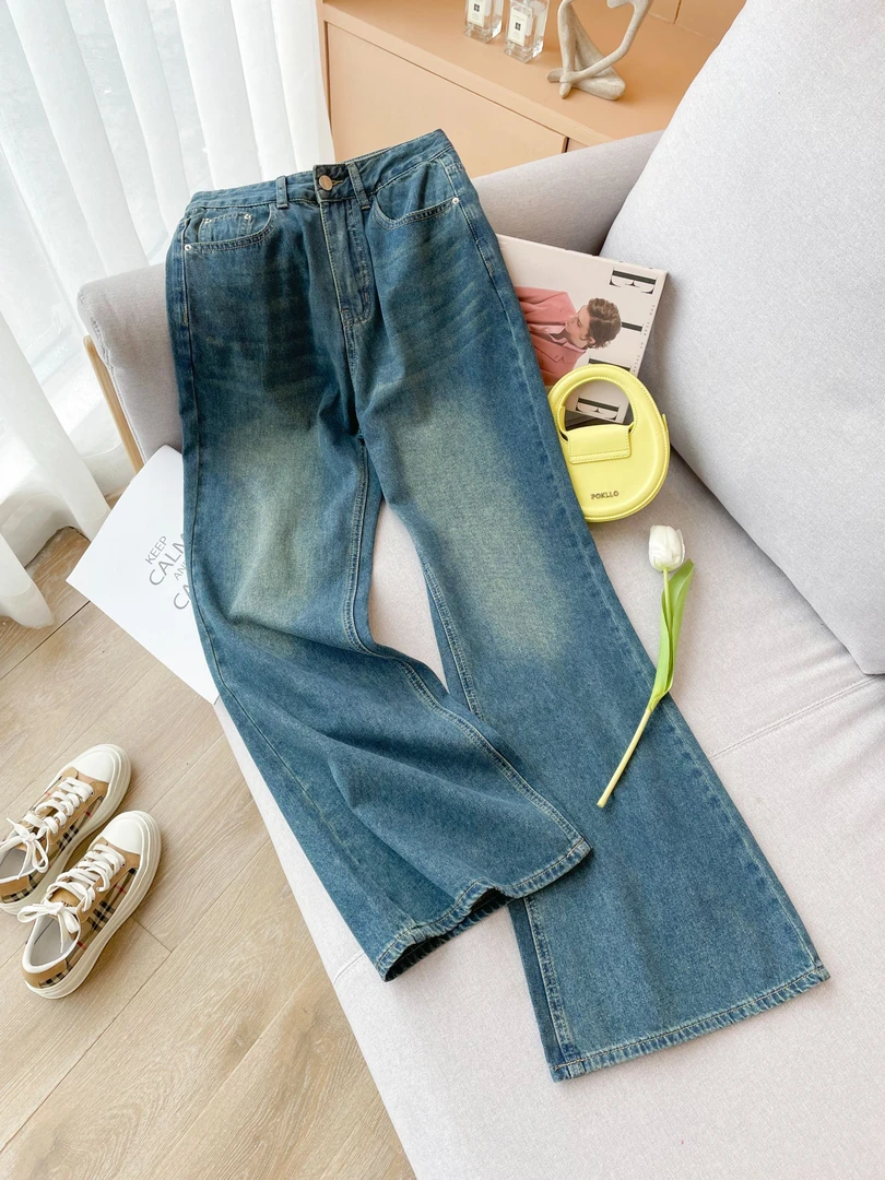 韩式时尚复古港风女款宽松牛仔裤夏季新款高腰显瘦百搭直筒裤子