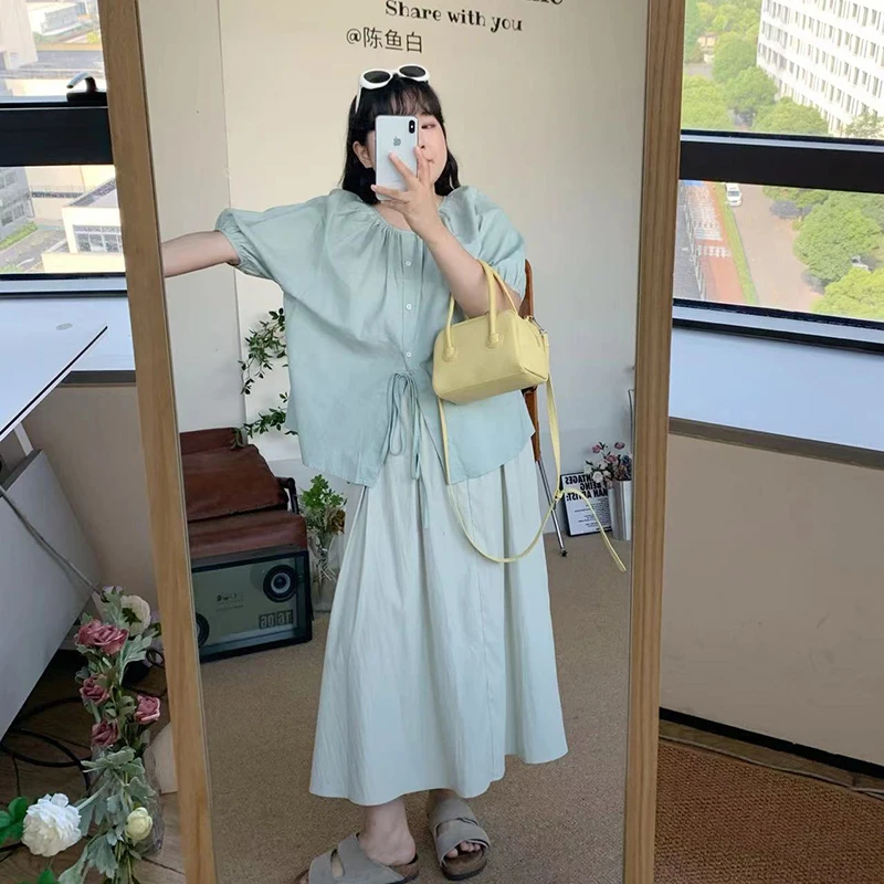 FRVXO韩系泡泡袖衬衫夏宽松系带上衣纯色高腰休闲显瘦半身裙套装