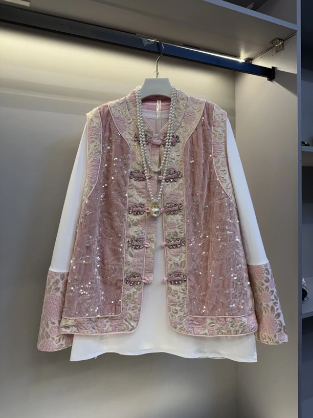 欧货新款大码新中式重工亮片钉钻盘扣马甲拼袖大衫两件套