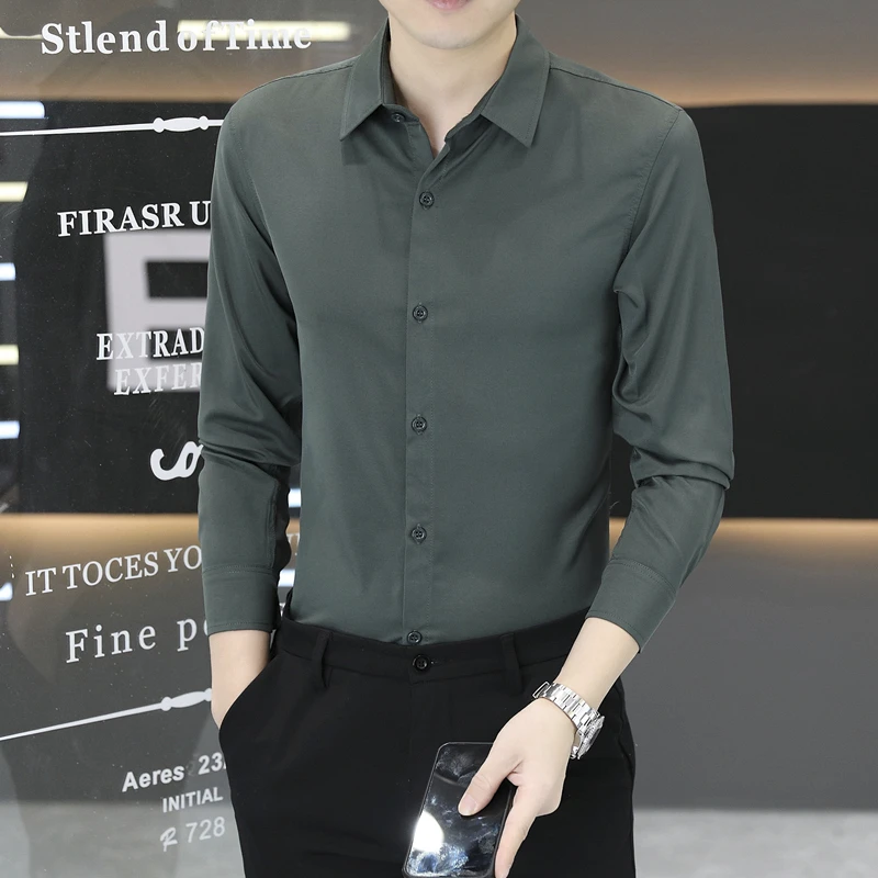 九牧王男士长袖衬衫秋季修身衬衫寸衫男休闲免熨烫衣服纯色青年秋