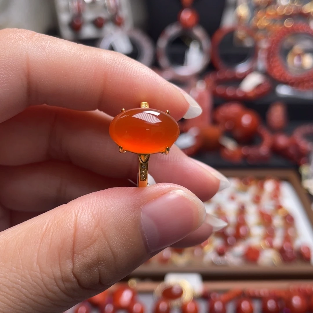 南红玛瑙银S925镶嵌保山冰红戒指