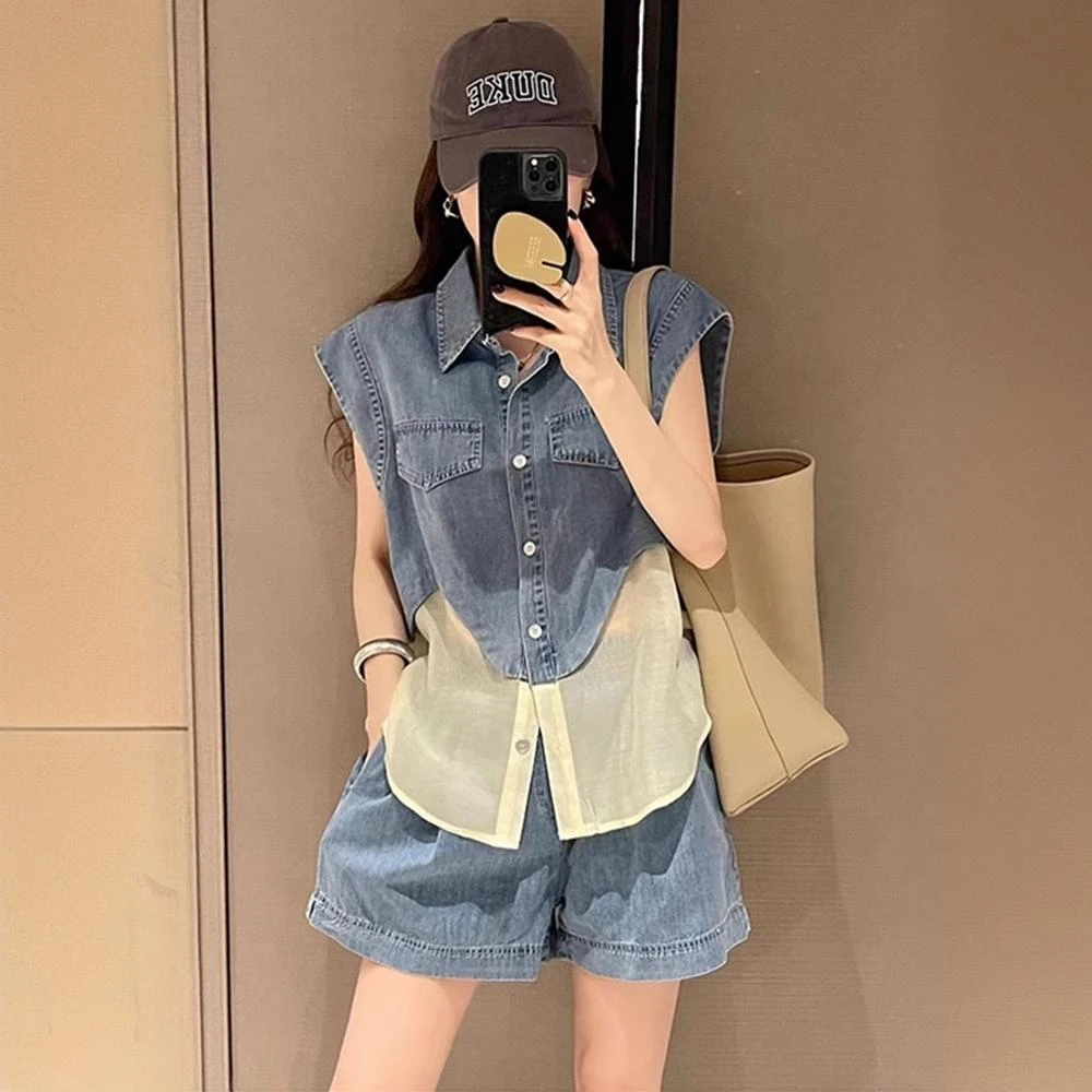 休闲运动套装女夏炸街减龄洋气小个子牛仔拼接无袖马甲短裤两件套