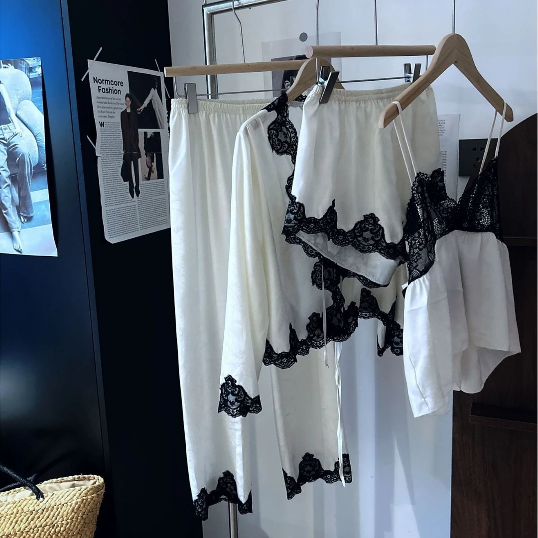 法式性感春秋睡衣女款四件套夏季2025新款家居服套装薄款纯欲睡衣