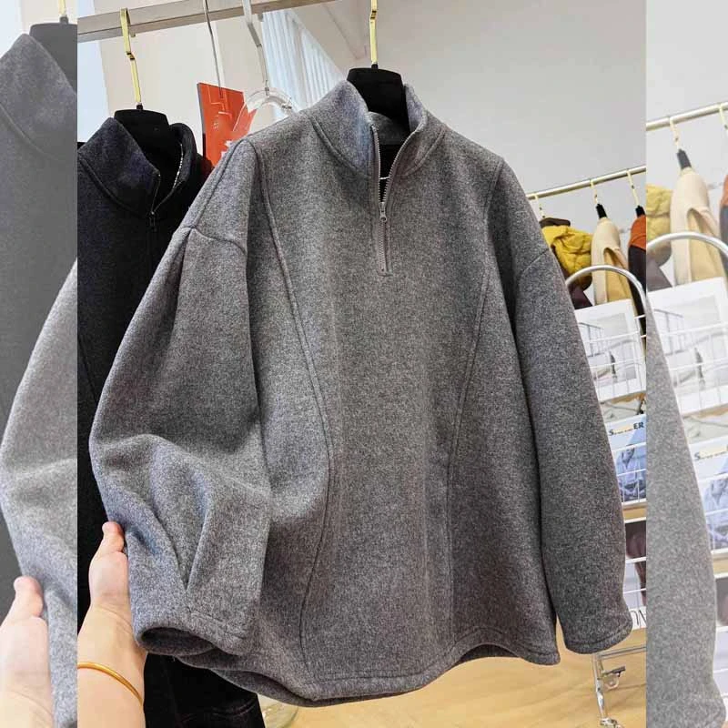 韩系慵懒风宽松休闲半拉链立领长袖套头卫衣女秋冬大码加绒上衣潮