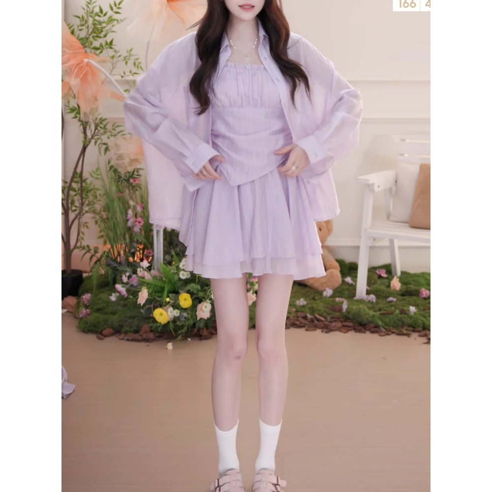 2025夏季新款韩版三件套女粉紫色吊带背心防晒衬衫显瘦休闲半身裙