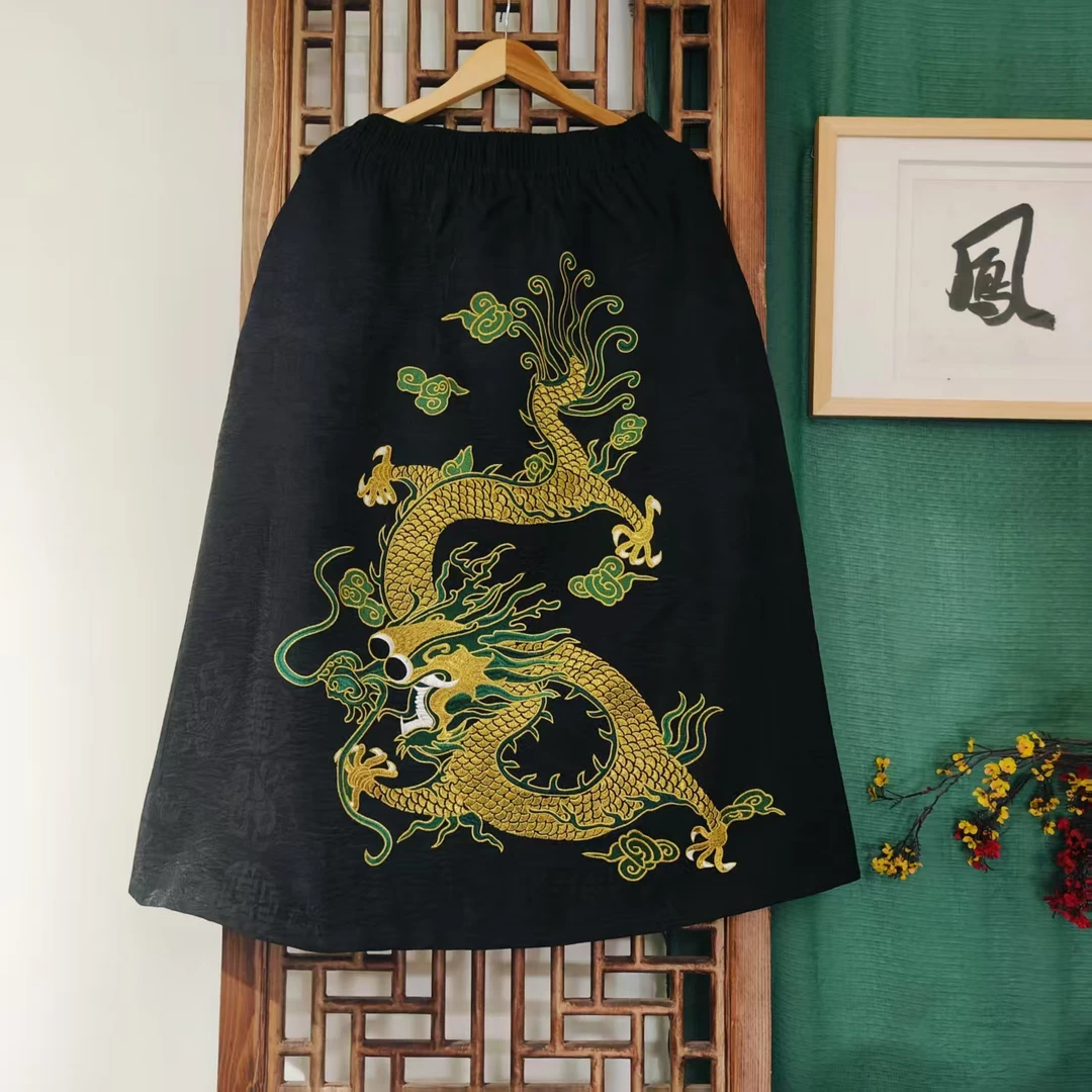 （LK142）凤徕兮私人定制黑色福禄底黄绿龙刺绣全松紧加衬半裙