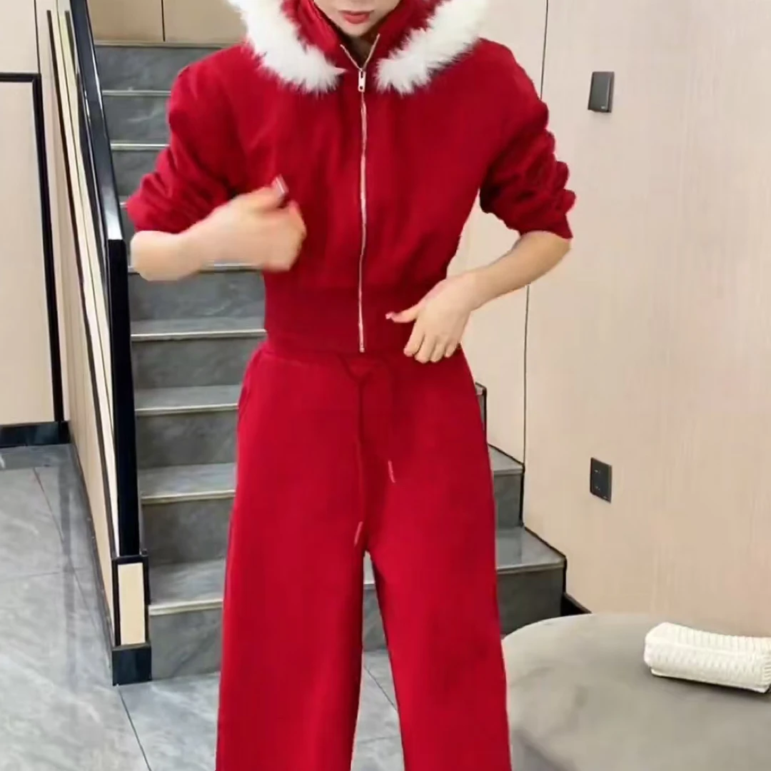 秋冬季时尚毛毛连帽外套高腰阔腿裤女装套装