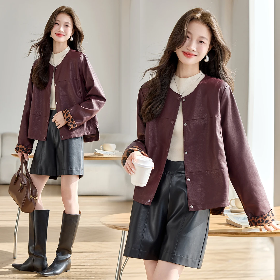 小个子圆领休闲皮衣春秋2025新款爆款洋气短款PU皮夹克机车服上衣
