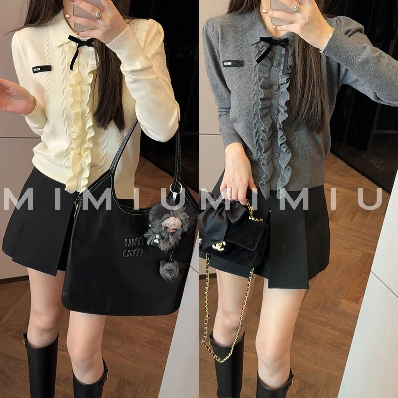 【mimius】U 木耳边翻领长袖针织开衫（蝴蝶结可拆） WG09135