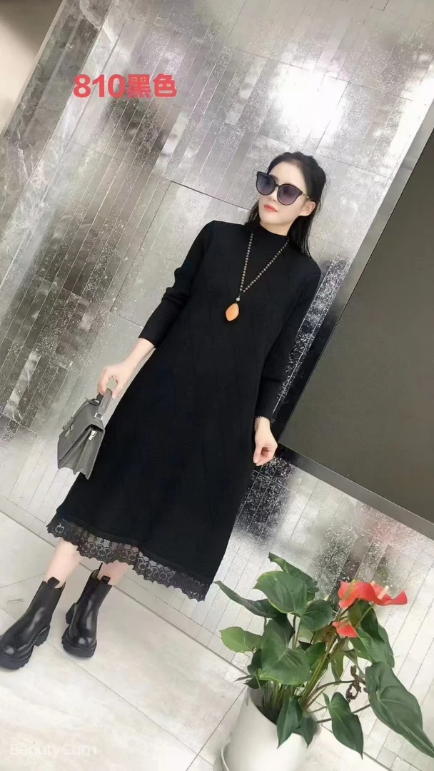 秋冬加厚显瘦针织毛衣裙打底显瘦高领拼接中长款连衣裙