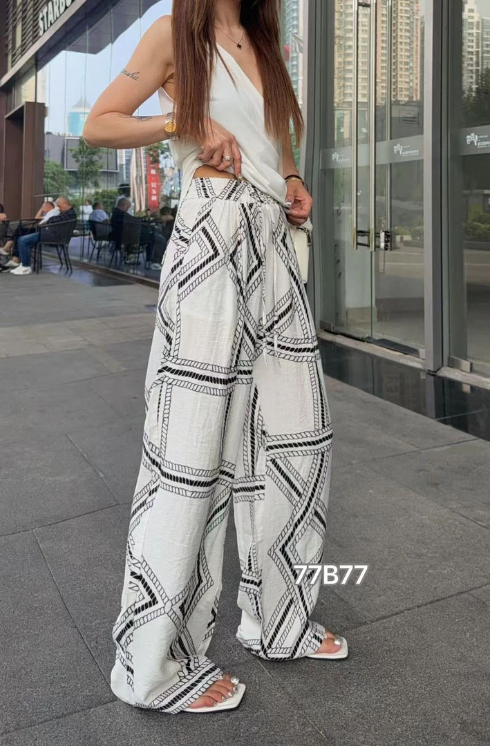 《GZZY》77B77#时尚不规则麻料高腰显瘦撞色格子阔腿休闲女裤
