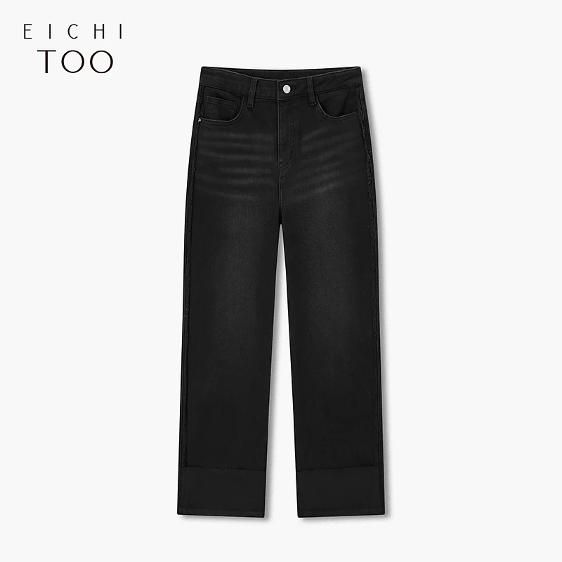 A爱居兔毛边牛仔裤冬季新宽松脚口翻边加绒阔腿裤EKNAJ4P015A