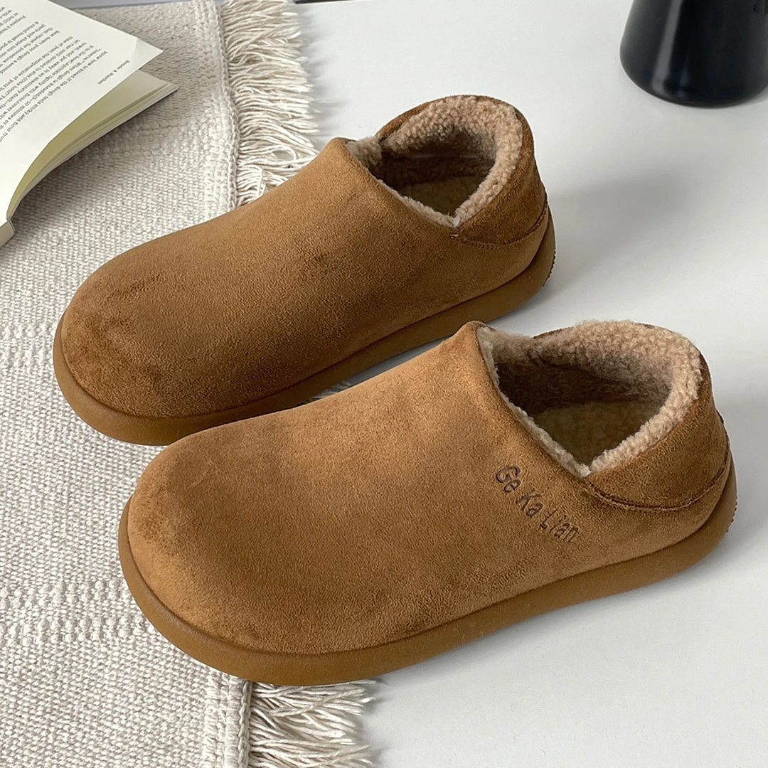 驼色丑萌加绒两穿勃肯鞋女2025冬季新款软底可踩跟时尚休闲棉鞋子