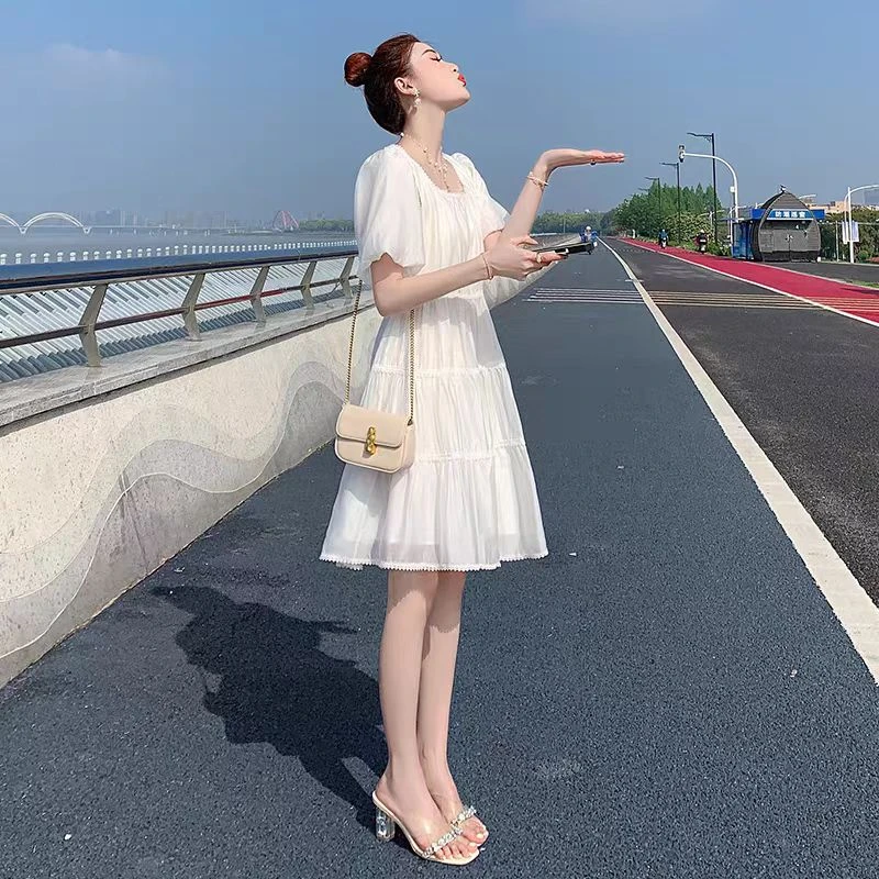 高级感法式天丝连衣裙2025夏新款女小个子收腰白色中长款裙子