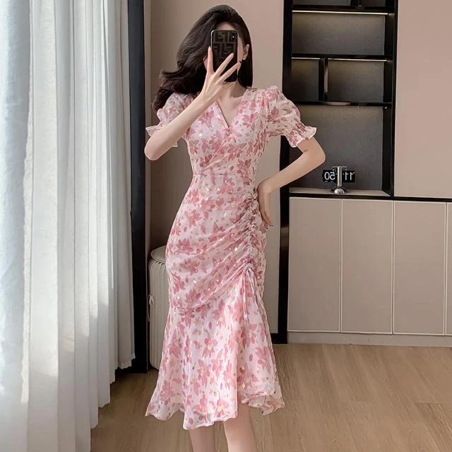 2024夏季V领优雅公主风印花连衣裙