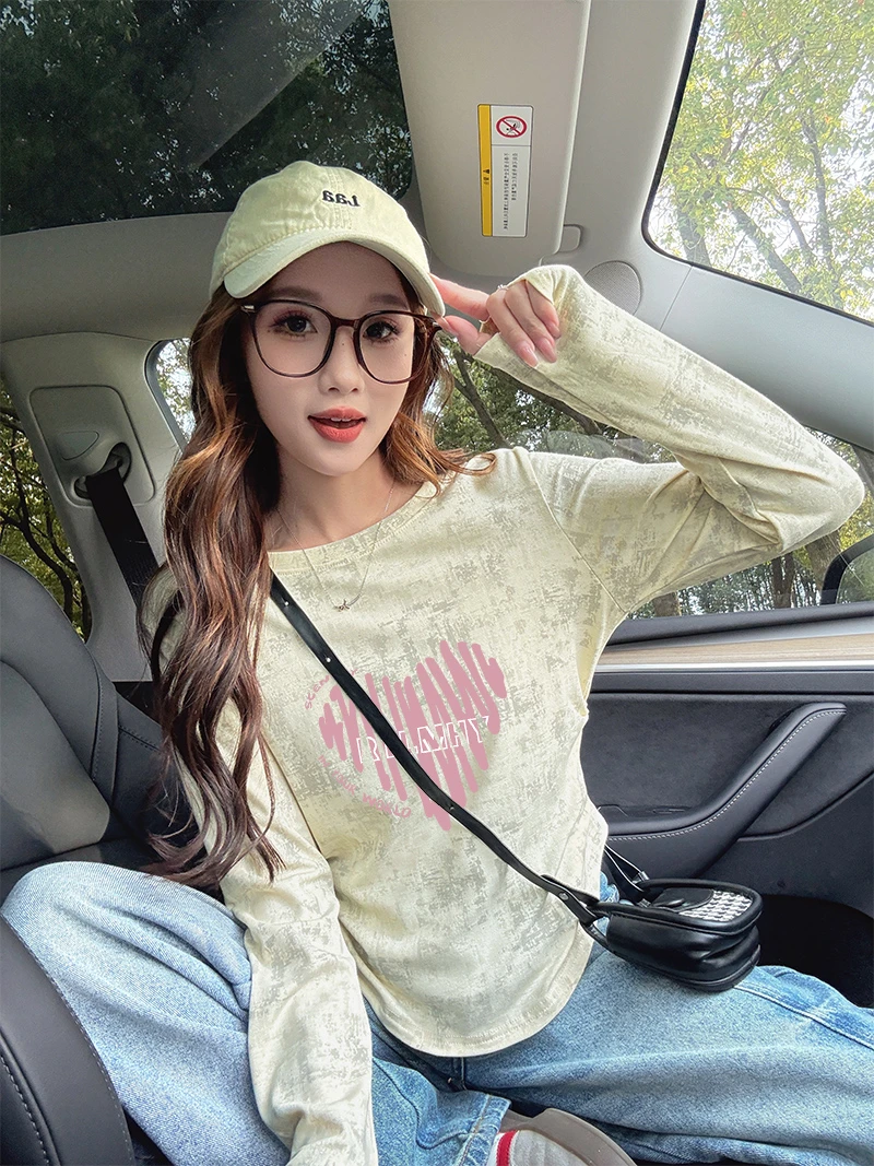 早秋季2025新款薄款打底衫ins潮不规则扎染设计感长袖圆领上衣ins