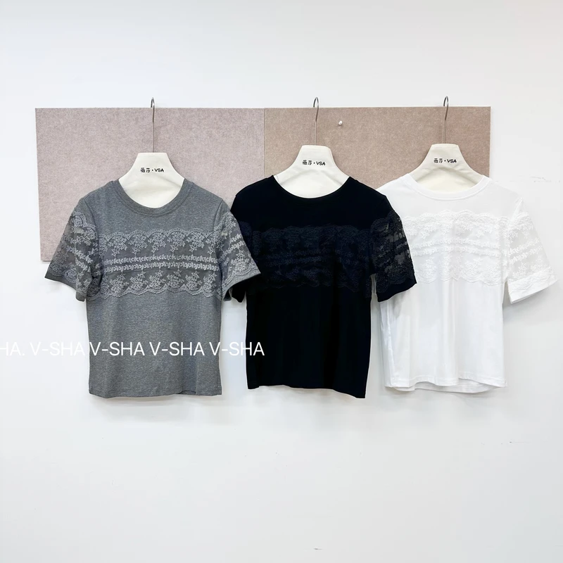 薇莎5501【现货】80-140斤Oversize风短袖拼接蕾丝春夏女士T恤