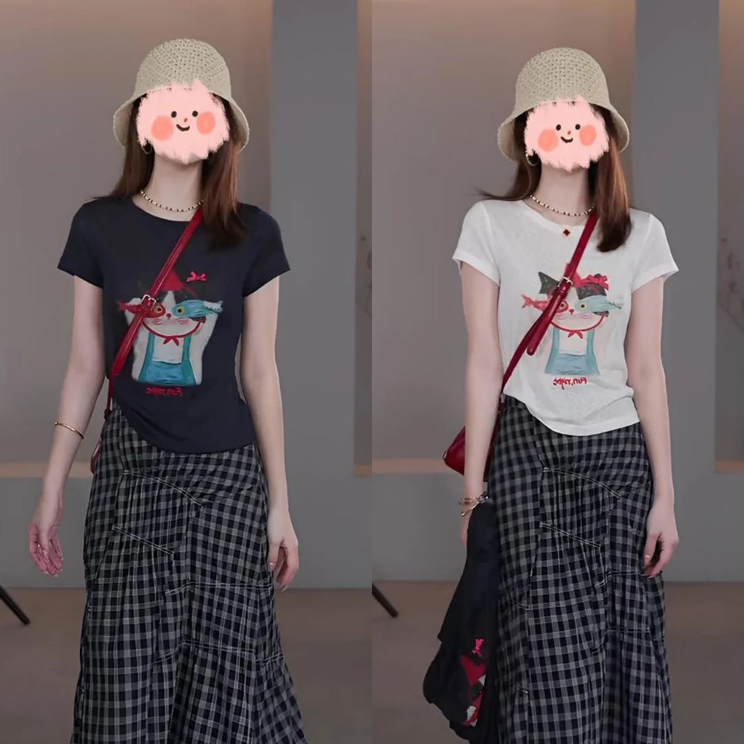 2025年夏季新款猫咪字母印花T恤女时尚休闲百搭洋气修身短袖上衣