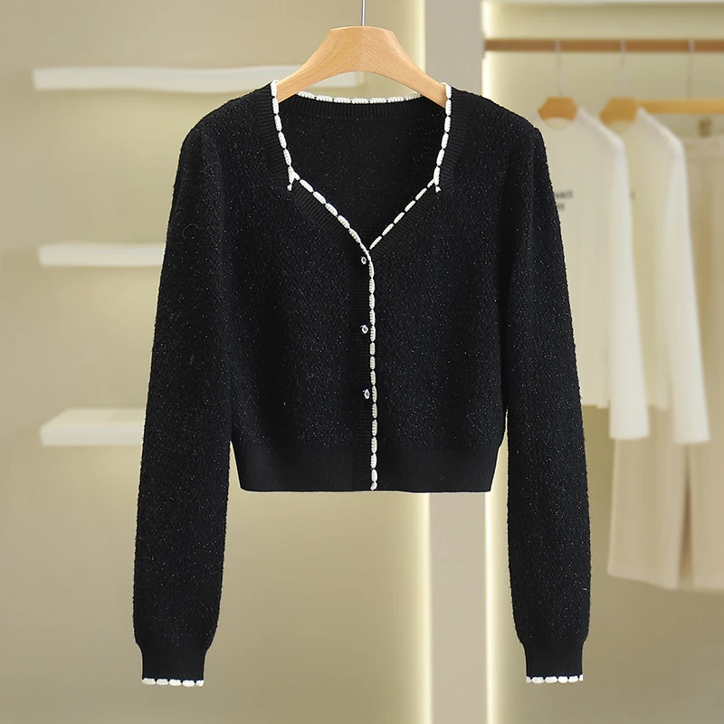 【伍莎-自营】撞色花边V领针织开衫#POS48U008