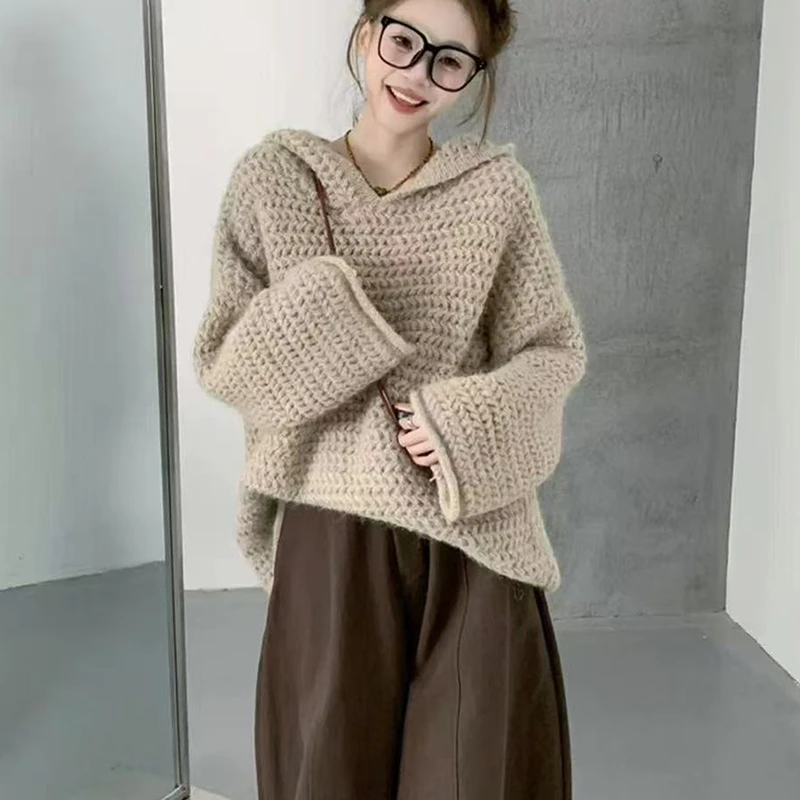 超 大帽衫」慵懒风~宽松粗线连帽毛衣女秋冬松弛感针织衫上衣-5500