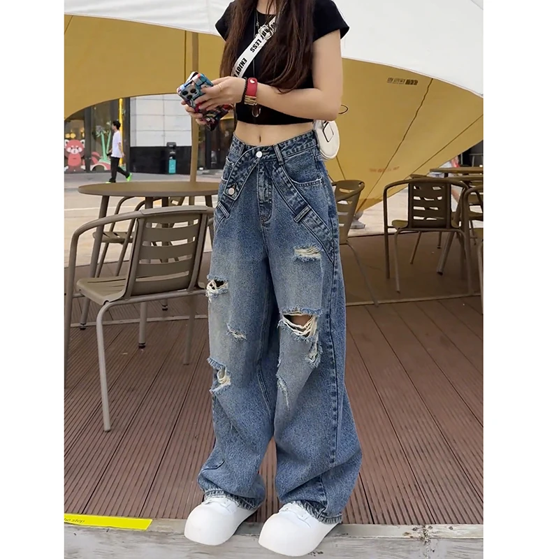 大码破洞阔腿牛仔裤女早秋2025新款胖mm显瘦美式直筒弯刀裤子