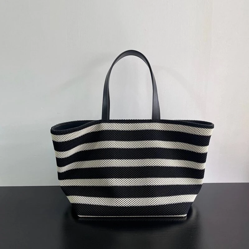 条纹编织托特包包女2024新款潮大容量休闲度假包慵懒风通勤单肩包