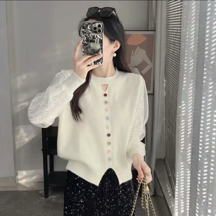 韩版圆领彩色扣子针织衫女秋冬季大码胖mm落肩袖开衫外套减龄上衣