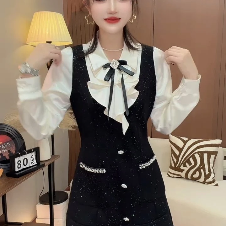 秋冬新款假两件拼接连衣裙女小个子显瘦气质减龄中长款赫本风裙子