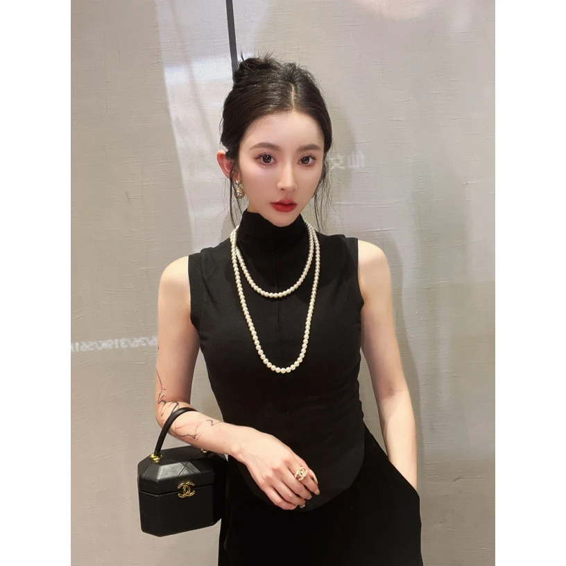 现货原创小中领简约纯色高弹力无袖修身显瘦百搭背心打底衫女