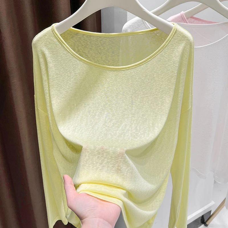 2025夏季薄款长袖防晒罩衫简约圆领宽松长袖T恤亮片高级感上衣女