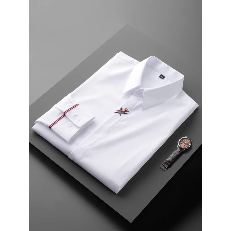白色衬衫男士轻奢级暗扣免烫秋季长袖修身英伦刺绣小蜜蜂衬衣男潮