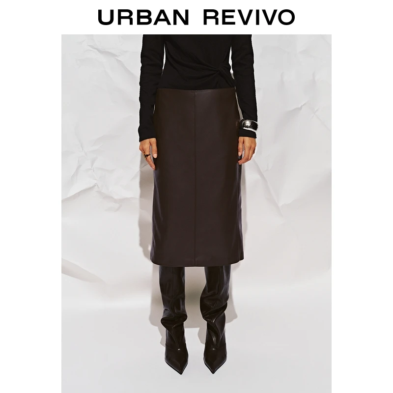 摩登境界【明星同款】UR2025秋季新款女后开衩皮质半裙UWU550011