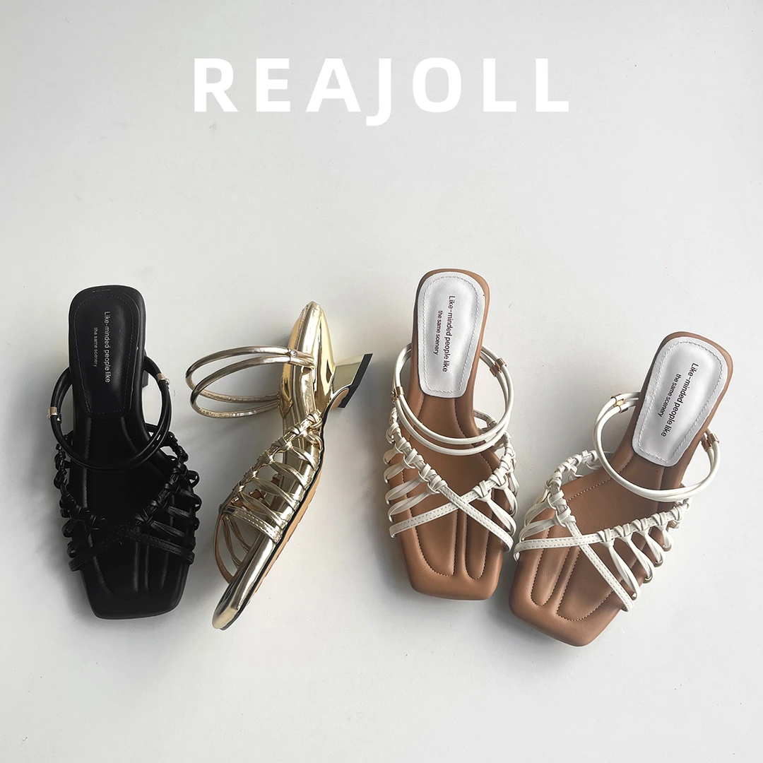 中跟日常休闲方头低跟法式平底高跟鞋百搭纳帕一字带凉鞋复古纯色