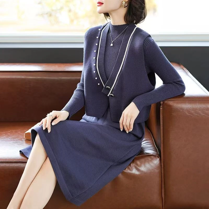 9119#新款修身气质针织两件套装洋气阔太太显瘦时尚毛衣裙