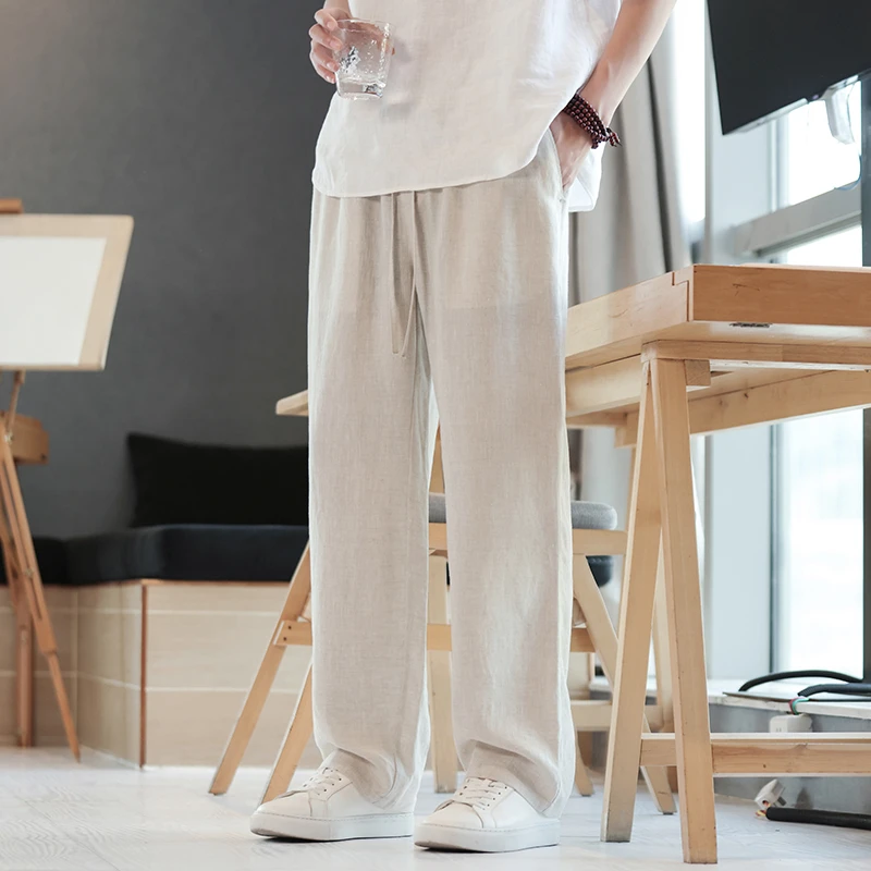 100%纯亚麻休闲裤男夏季薄款透气棉麻裤直筒垂感阔腿裤新中式裤子