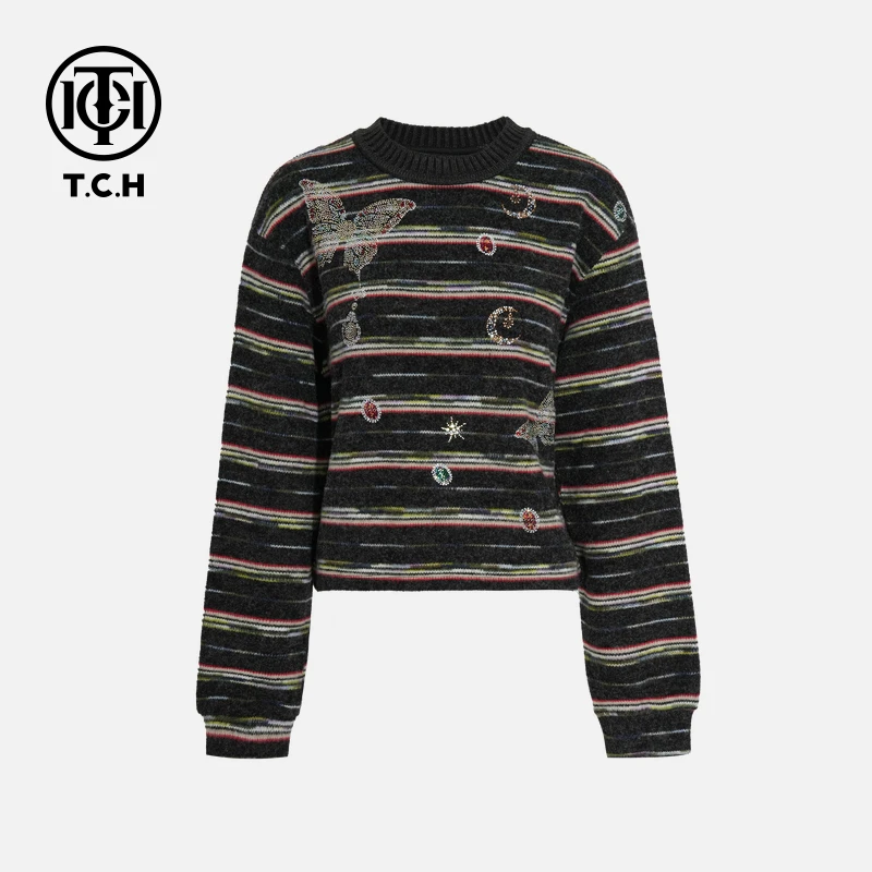 TCH下架秋季氛围感烫钻时尚淑女深灰色针织衫T75D09E1020轻奢tch