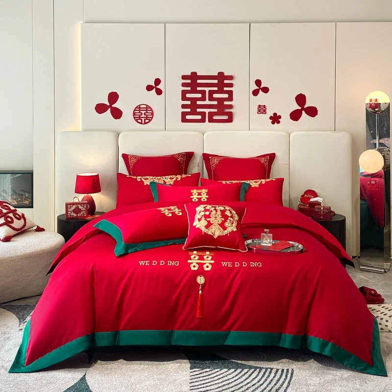 新中式100S纯棉长绒棉婚庆四件套大红色全棉刺绣被套婚嫁陪嫁床品