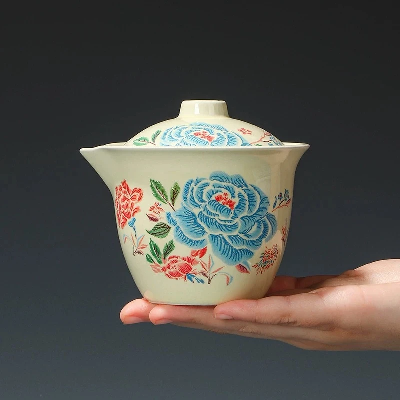 G3426-亮光黄汝手抓壶刺绣蓝牡丹一壶三平口杯+橙色快克包